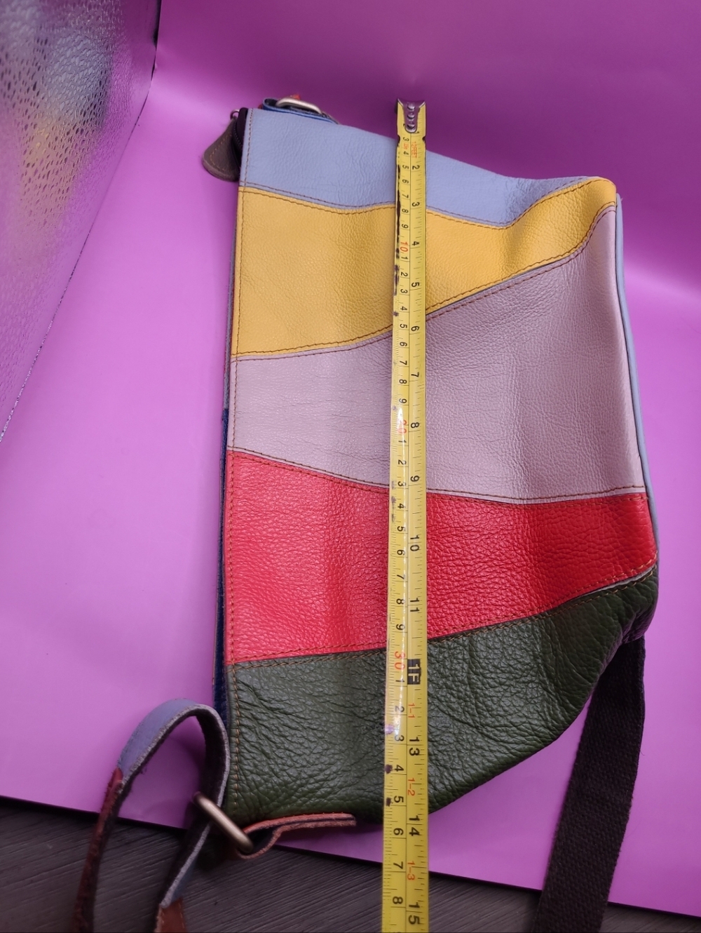 Amerileather Multicolor Panel Leather Crossbody Bag - Colorblock Red, Lavender - Picture 14 of 16